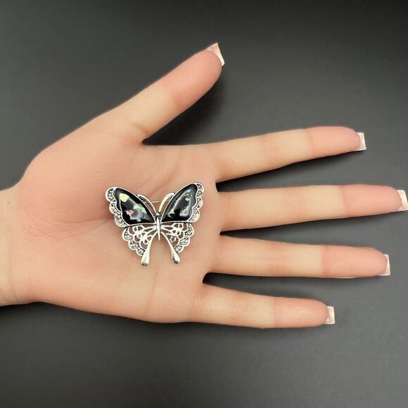 Silver with Embedded Shell and Black Enamel Butterfly Pin Back Brooch - Picture 7 of 7